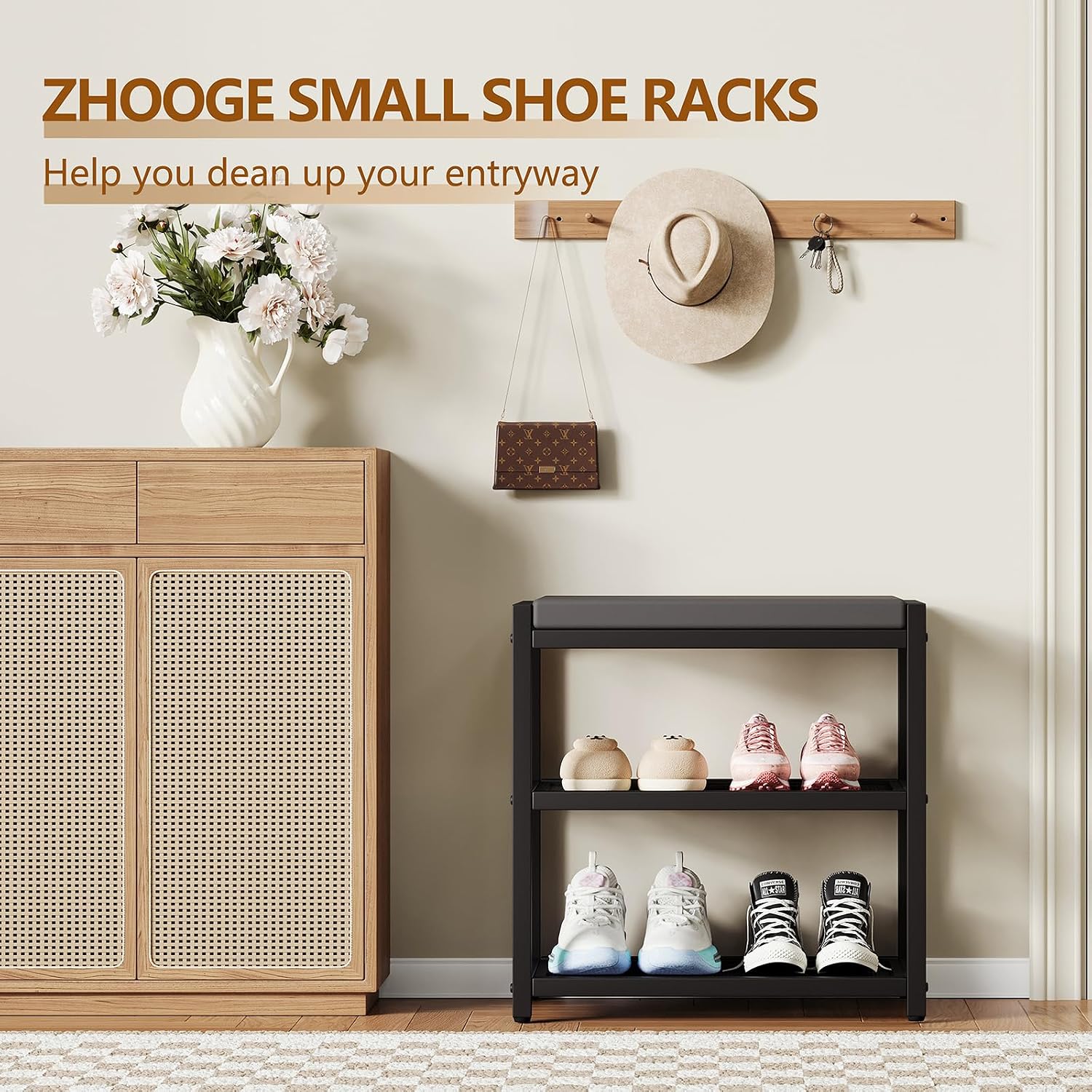 ZHOOGE Small Shoe Bench Shoe Rack Storage Bench Entryway Bench Shoe Shelf with Seat Cushion, Stable Shoe Organizer for Entryway, Living Room, Bench Seat Holds Up to 300 lb, (17"x 10"x 16", L x W x H)