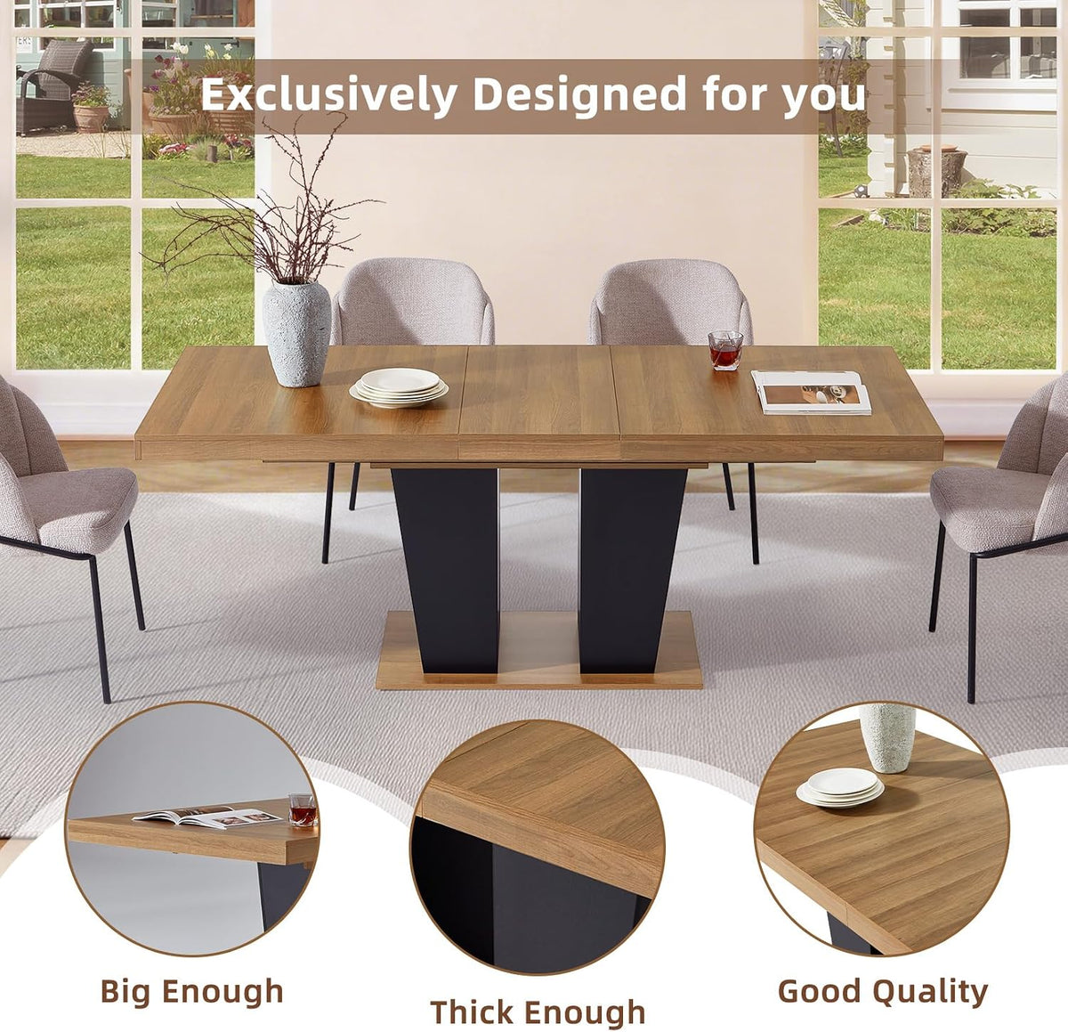 Dining Table Extendable 63 in-79 in for 4-8 Expandable Wood Rectangle with Fluted Base for Dining Room Kitchen Living Room Furniture Brown
