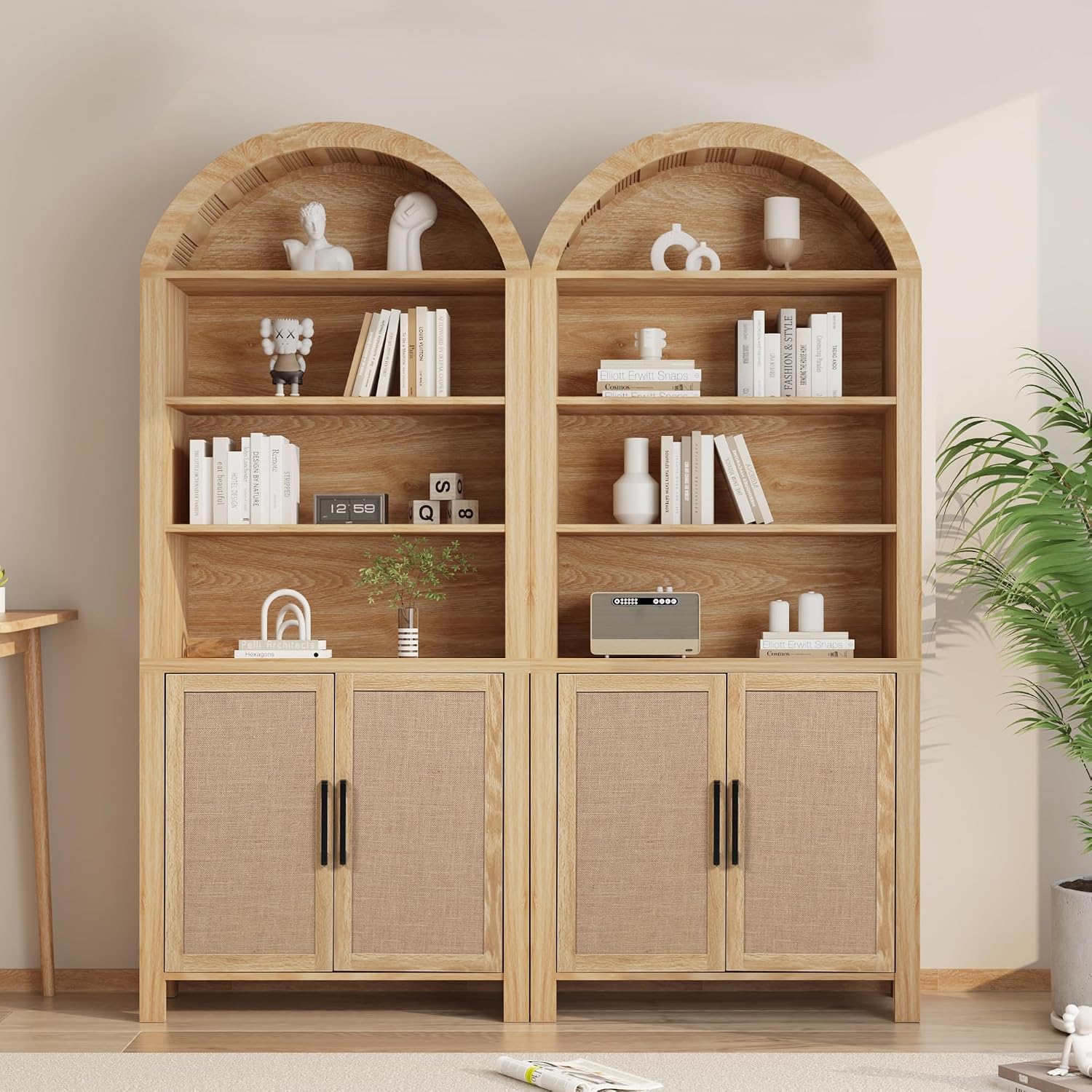 Janmer Home 71" Tall Boho Rattan Arched Bookcase with Doors, Natural