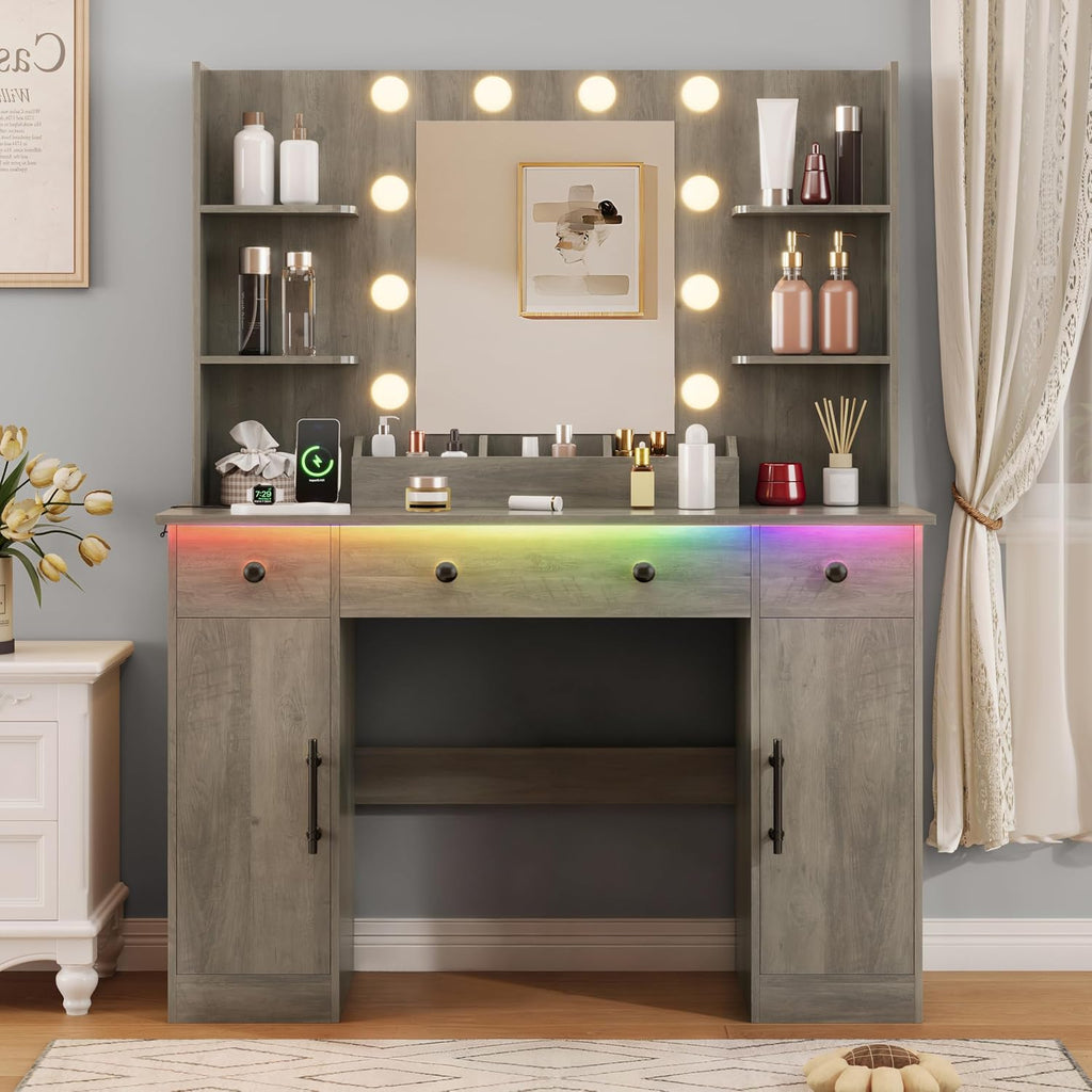 HUANLEGO Vanity Desk with Mirror and Lights, Makeup Vanity with Mirror and LED Lights & Power Outlet, 3 Drawers and Cabinets, 3 Lighting Modes Dressing Table Set for Girls Women Bedroom,Grey