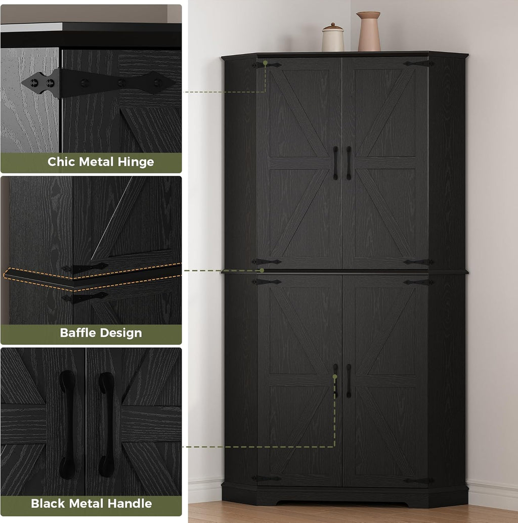 IRONCK Corner Cabinet, 72" Kitchen Pantry Cabinet, 6-Tier Freestanding Farmhouse Pantry with 2 Adjustable Shelves, 240°Swivel Doors, 2 Doors Storage, Spacious Hutch for Kitchen, Living Room, Black