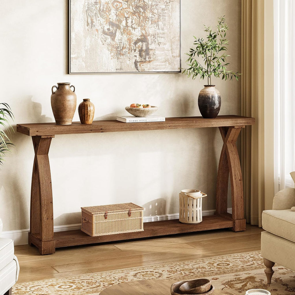 Solid Wood Console Table for Entryway, 63-Inch Narrow Farmhouse Couch Table Behind Sofa with 2-Tier Storage for Entrance, Foyer, Living Room, Long, Dark Brown