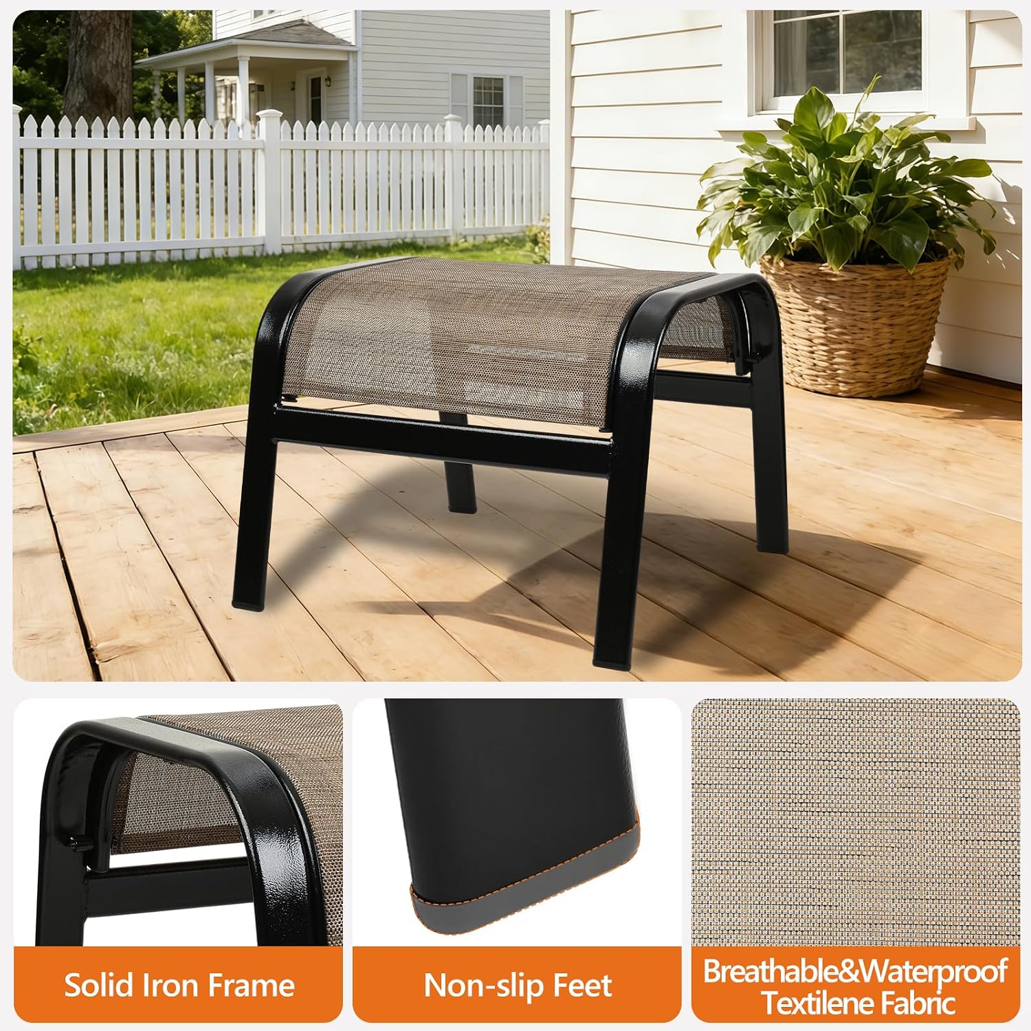 Outdoor Patio Footstool Ottoman Assembled 2 Set All Weather Breathable Metal Frame Greige