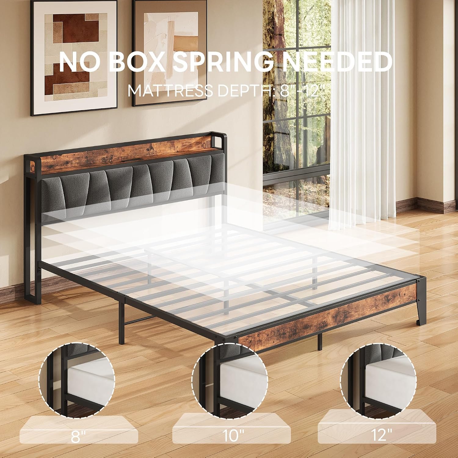 LIKIMIO Queen Size Bed Frame with Storage Headboard and Charging Station