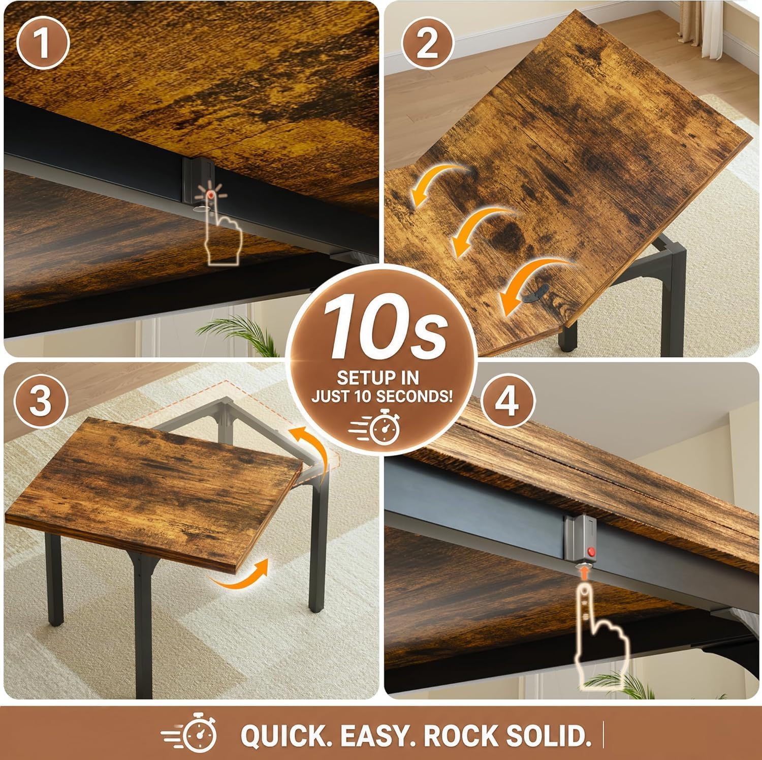HUAHUU 5-Piece Dining Table Set for 4, Extendable Kitchen Table Set with 4 Upholstered Cushion Chairs, Rectangle Table with Metal Frame & MDF Board, Folding Space-Saving for Small Apartment, Rustic