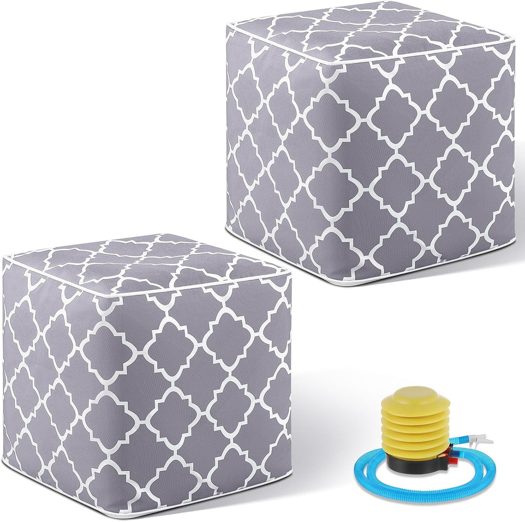 Juexica 2 Pack Inflatable Outdoor Ottoman Pouf Waterproof Cube 16" Square Blow up Ottoman Footrest with Handle Outdoor Portable Footstool for Patio Garden Camping or Home Pool(Classic,Grey)