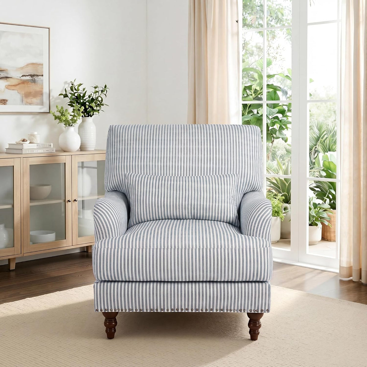 Accent Chairs Set of 2, Upholstered Armchair with Nailhead Trim & Solid Wood Legs, Mid Century Modern Club Chair for Living Room/Bedroom/Reading Room, Pinstripe Blue