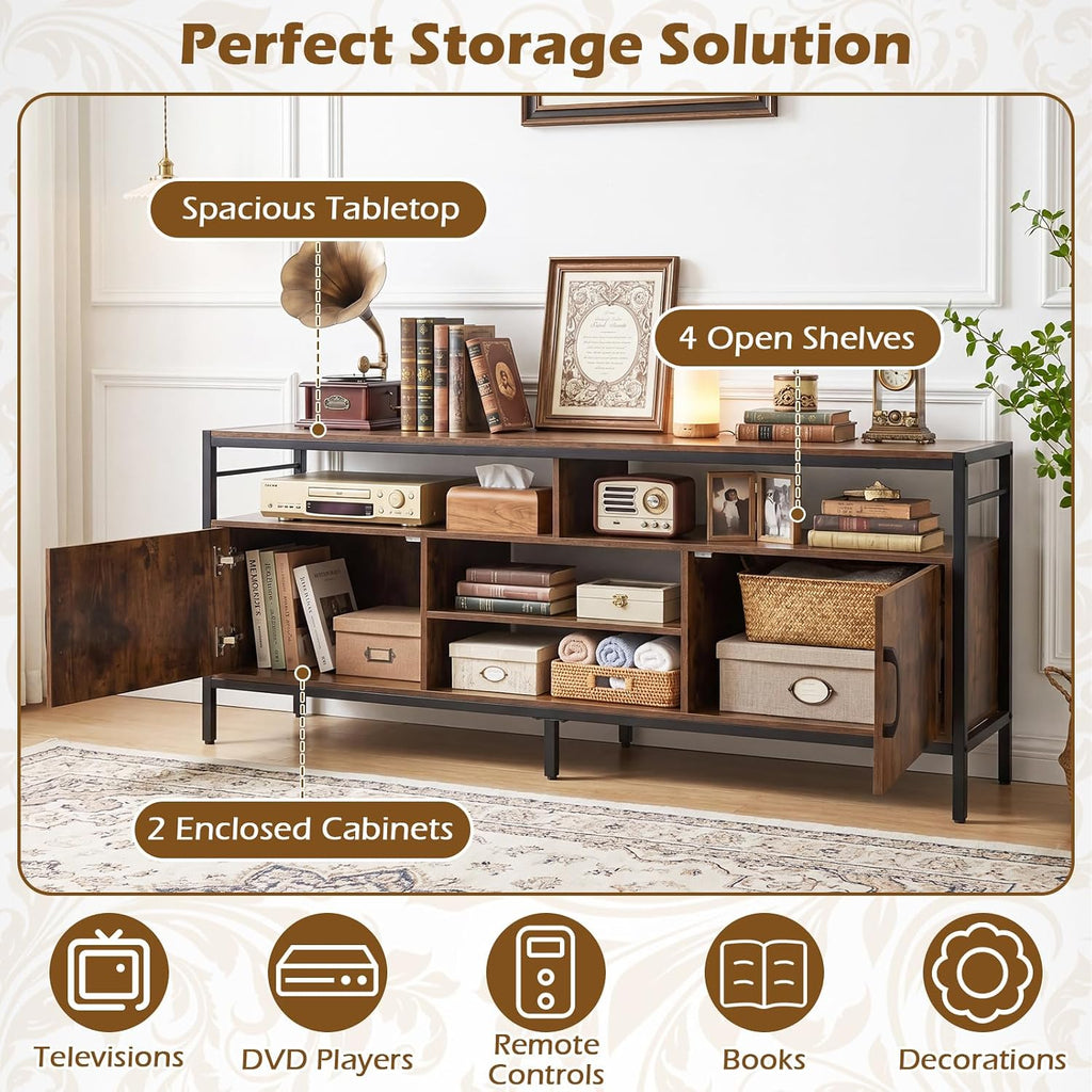 Tangkula Industrial TV Stand for TVs up to 65”, Entertainment Center with 2 Storage Cabinets & 4 Open Shelves, Wooden TV Cabinet with Raised Metal Legs, Media TV Console Table (Backless, Rustic Brown)