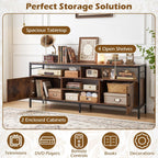 Tangkula Industrial TV Stand for TVs up to 65”, Entertainment Center with 2 Storage Cabinets & 4 Open Shelves, Wooden TV Cabinet with Raised Metal Legs, Media TV Console Table (Backless, Rustic Brown)