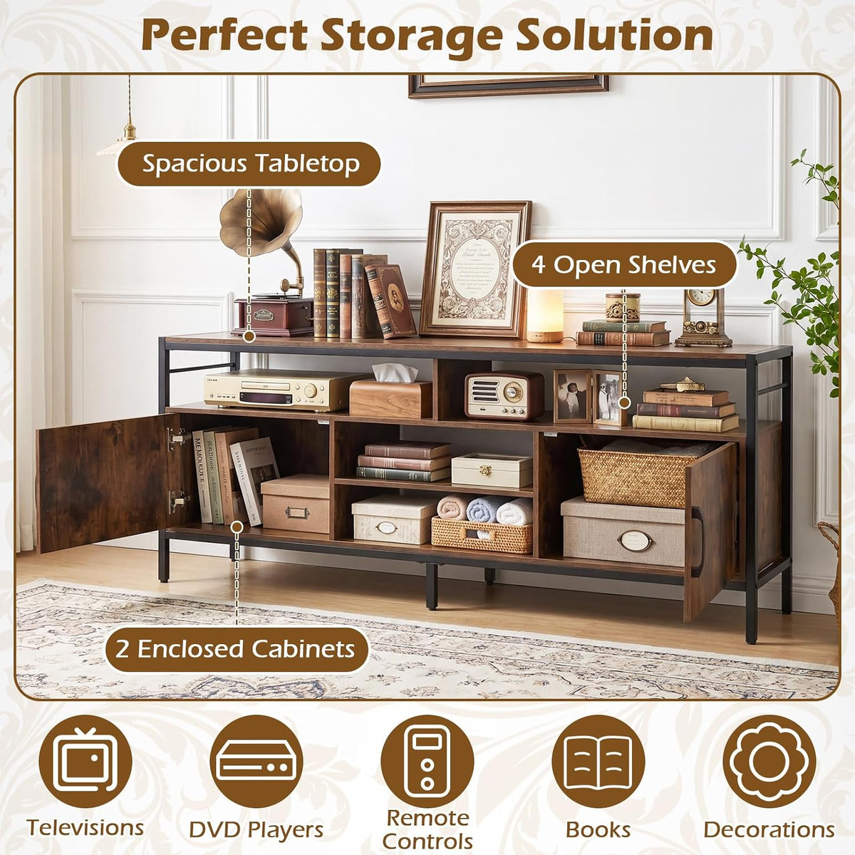 Tangkula Industrial TV Stand for TVs up to 65”, Entertainment Center with 2 Storage Cabinets & 4 Open Shelves, Wooden TV Cabinet with Raised Metal Legs, Media TV Console Table (Backless, Rustic Brown)
