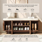 Maupvit Entryway Shoe Storage Bench with Sliding Doors, 2-Tier Upholstered Shoe Rack Bench with Hidden Storage, Wooden Shoe Organizer with Padded Cushion for Hallway, Mudroom, Bedroom, Walnut Finish