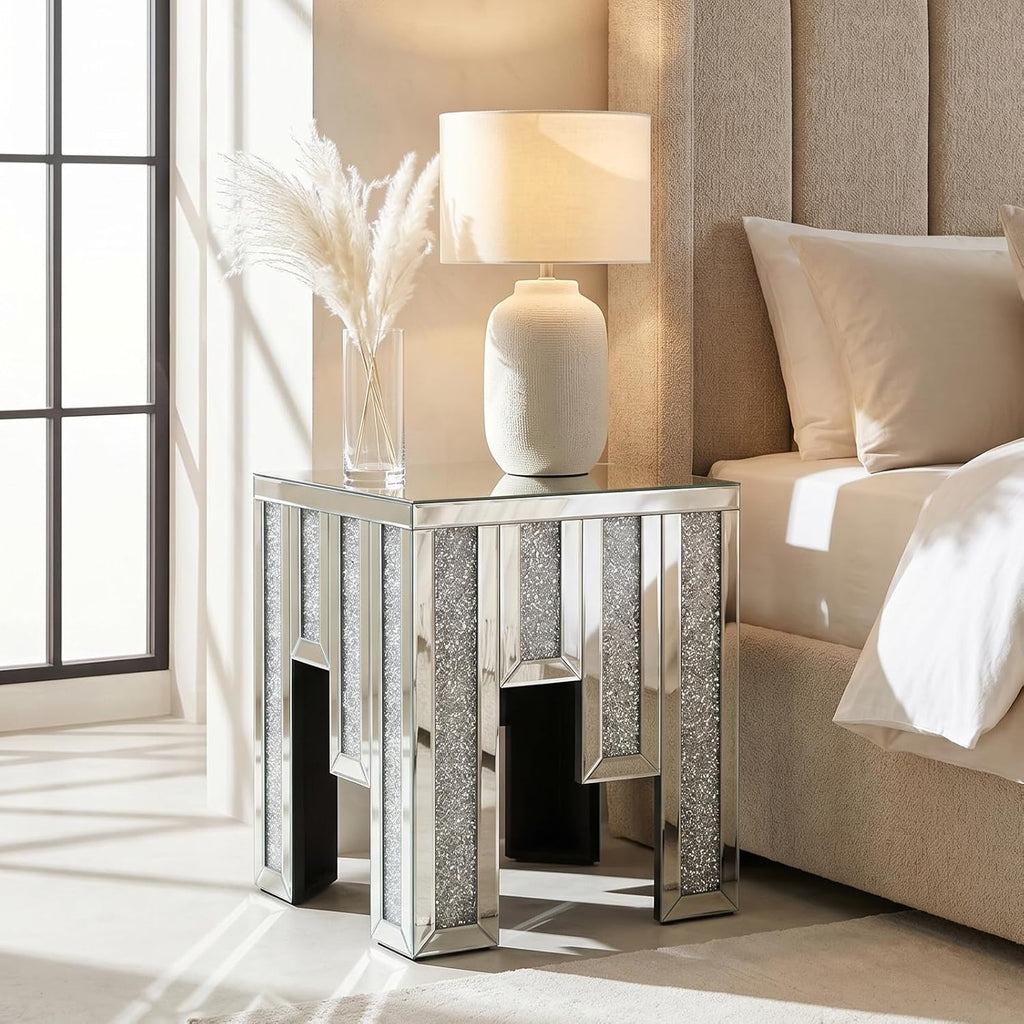 Crushed Diamond Side Table, Mirrored Accent End Table & Sofa Table for Living Room, Luxury Bling Crystal Nightstand, Fully Assembled Drop-Tested Packaging for Bedroom, Entryway