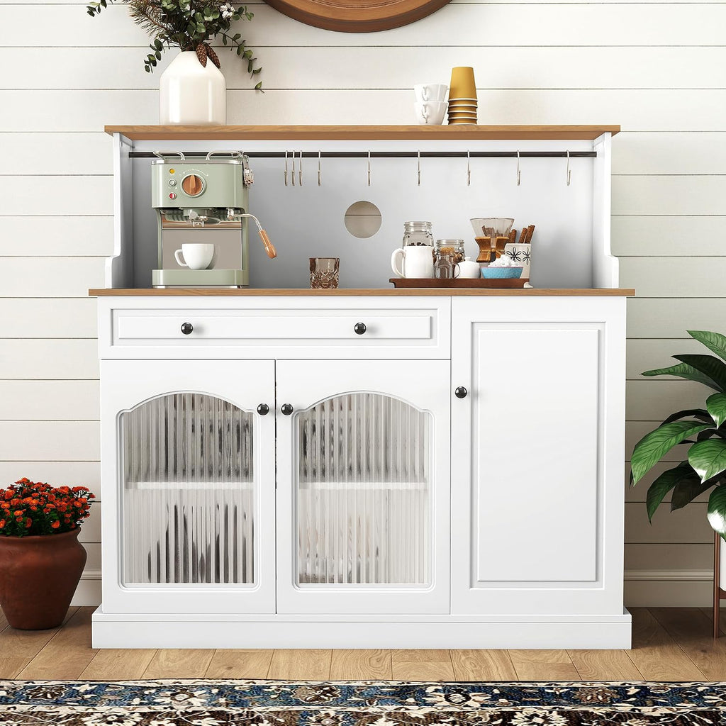 Kitchen Pantry Cabinet with Drawer Storage, 48” Modern Farmhosue Kitchen Hutch with Glass Doors, White Storage Cabinet with Countertop and Adjustable Shelves for Dining Room, Living Room
