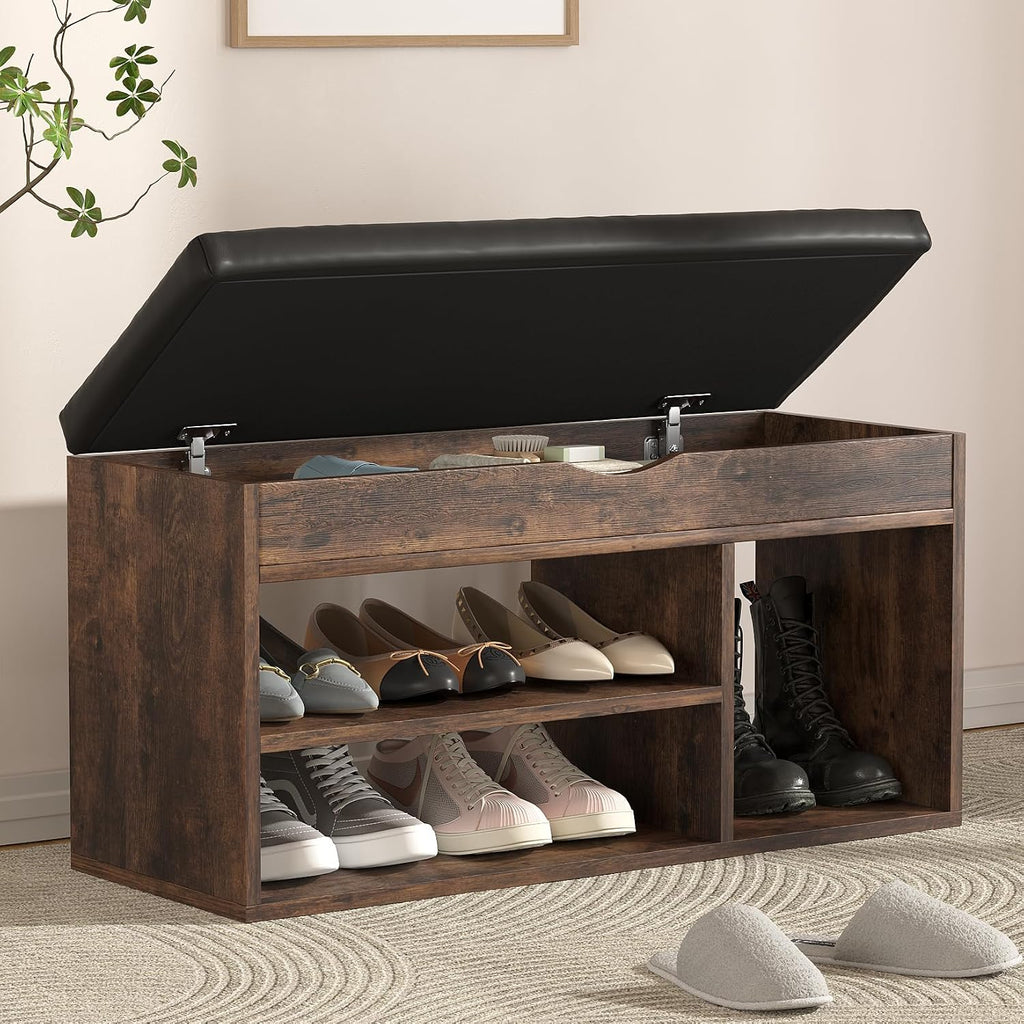 Apicizon 31 Inches Storage Bench with Padded Cushion, Shoe Bench with Storage Space, Upholstered Entryway Bench for Living Room, 2-Tier Shoe Rack Organizer, Brown