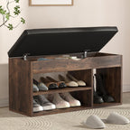 Apicizon 31 Inches Storage Bench with Padded Cushion, Shoe Bench with Storage Space, Upholstered Entryway Bench for Living Room, 2-Tier Shoe Rack Organizer, Brown