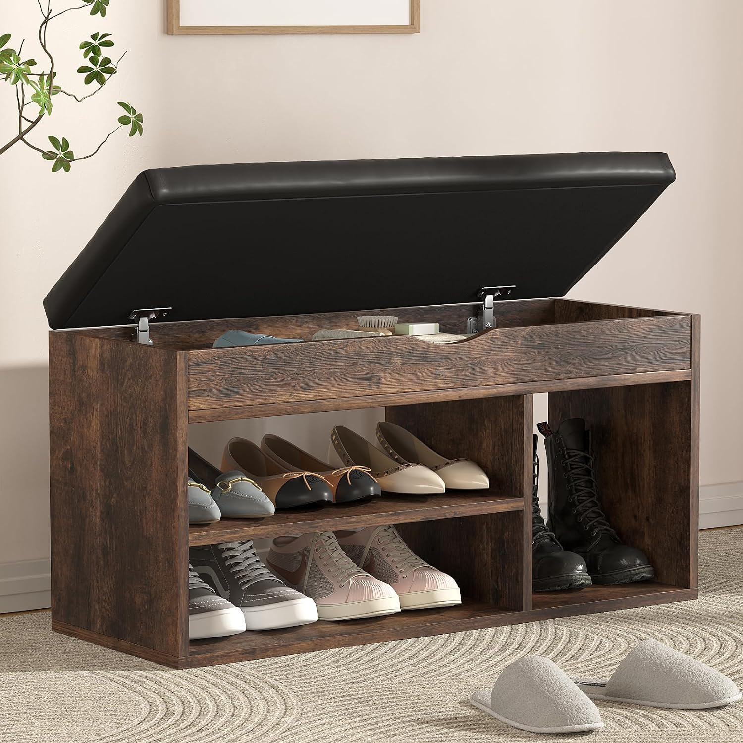 Apicizon 31 Inches Storage Bench with Padded Cushion, Shoe Bench with Storage Space, Upholstered Entryway Bench for Living Room, 2-Tier Shoe Rack Organizer, Brown