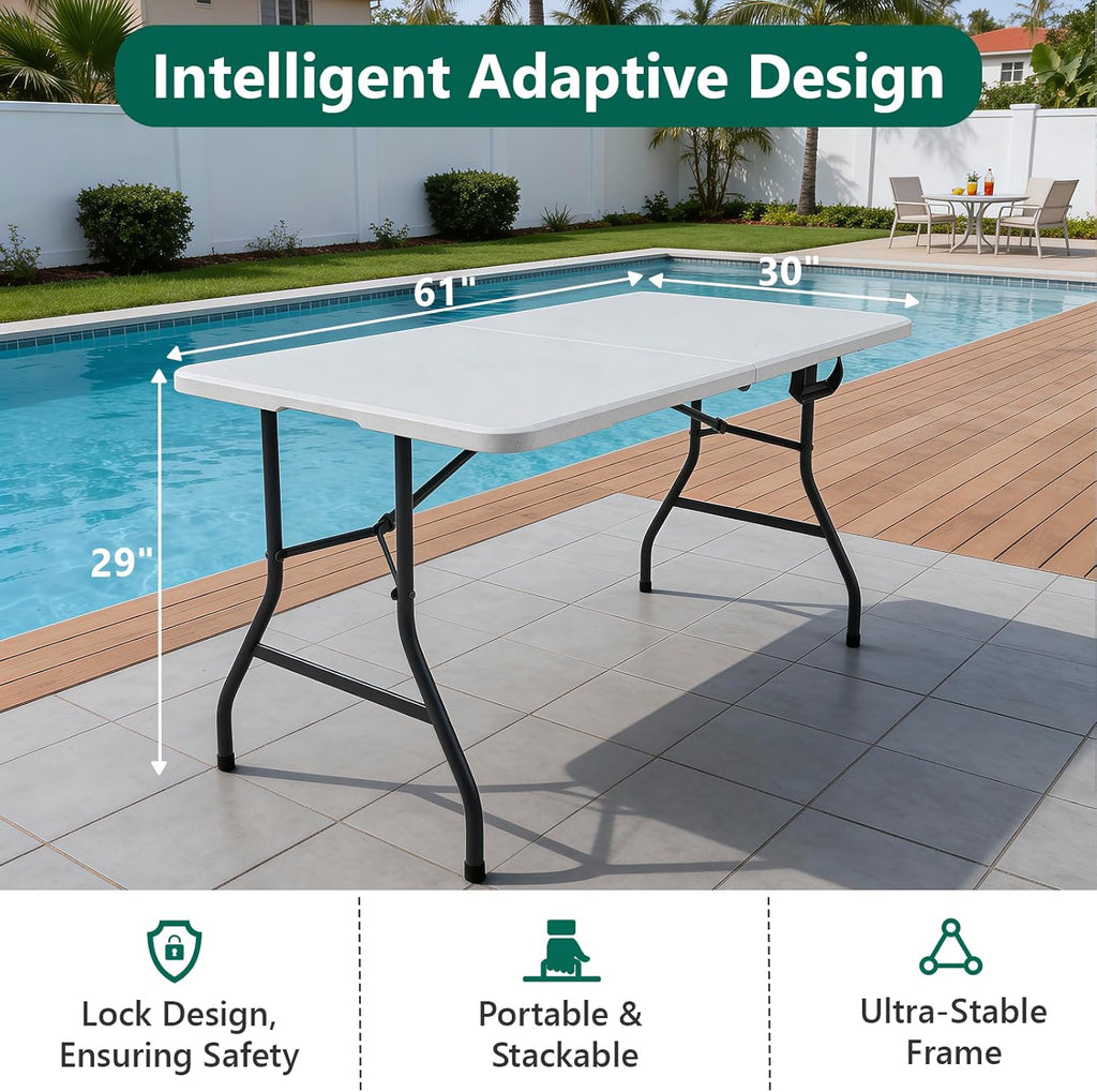Folding Table 5FT 2 Pack Heavy Duty Plastic Table, Foldable & Portable, Fold-in-Half Utility Tables for Outdoor, Dining, Wedding, Events, Indoor, Picnic, Camping, Party,White
