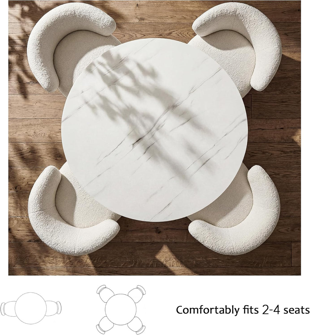 42 Inch Round Dining Table for 4, Modern White Marble Table with Fluted Solid Wood Base for Kitchen, Dining Room and Apartment