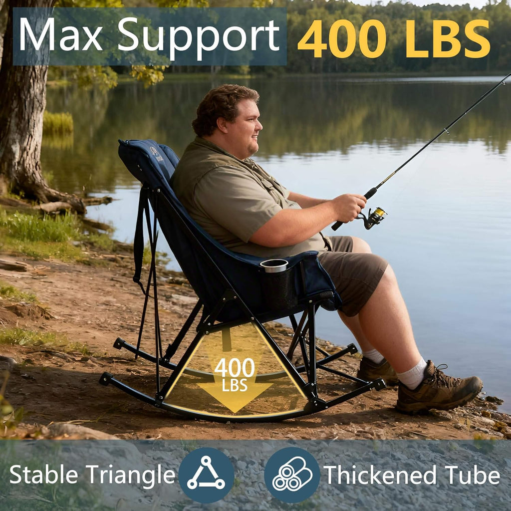 400lbs Rocking Camping Chair, Oversized Heavy Duty XL Folding Rocker for Adults, Padded High Back Big & Tall Support, with Cup Holders & Carry Bag for RV, Lawn, Patio & Sports