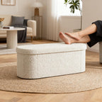 GLAXYFUR Oval Ottoman with Storage for Living Room, Sherpa Bench, Beige | 43.3 Inches Folding Chest, Foot Rest, End of Bed Bench for Bedroom, Hallway