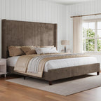 HOWE Upholstered King Size Bed Frame with 61" Wingback Headboard, Chestnut