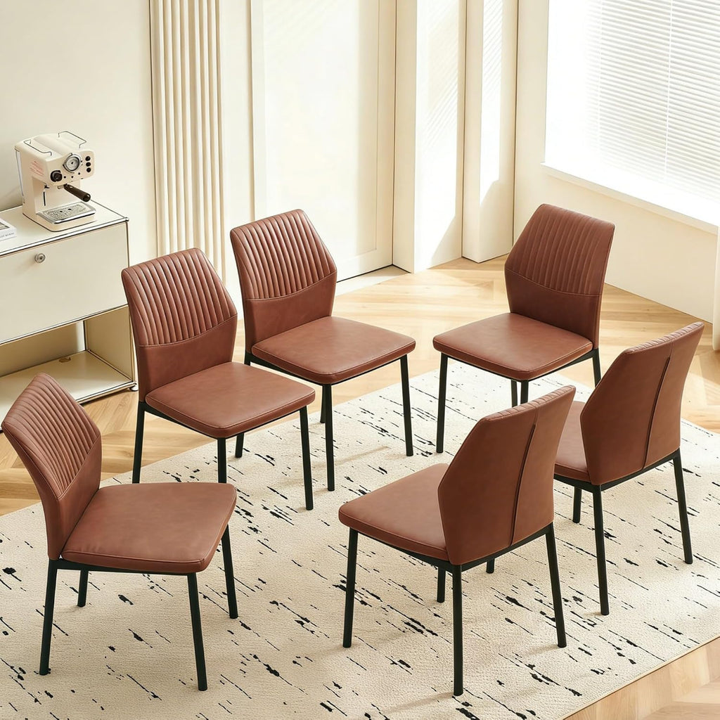 Dining Chairs Set of 6, Brown PU Leather Dining Chairs, Comfortable Upholstered Armless Kitchen Chairs with Black Metal Legs for Living Room, Dining Room, Kitchen