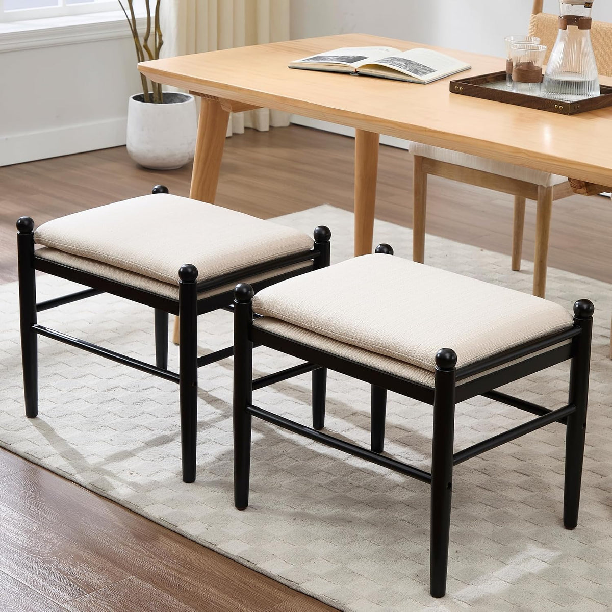Ottoman Footrest, 19 Inch Upholstered Vanity Bench Seat, Backless Makeup Stool with Solid Wood Legs for Dining Room/Bedroom/Living Room/Entryway,Black Frame/White Linen