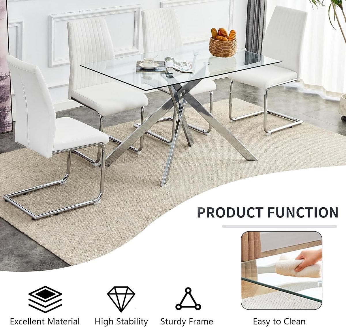 51in Glass Dining Table,Rectangular Kitchen Table for 4 Person with 0.39'' Tempered Glass Table Top and X-Design Metal Base,Modern Kitchen Dining Room Table for Home, Kitchen