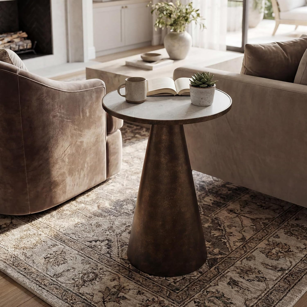 Black Brass Pedestal End Table with White Faux Marble Top, Light Round Side Drink Table for Living Room, Vintage Industrial Metal Stand for Couch & Accent Chairs in Small Spaces
