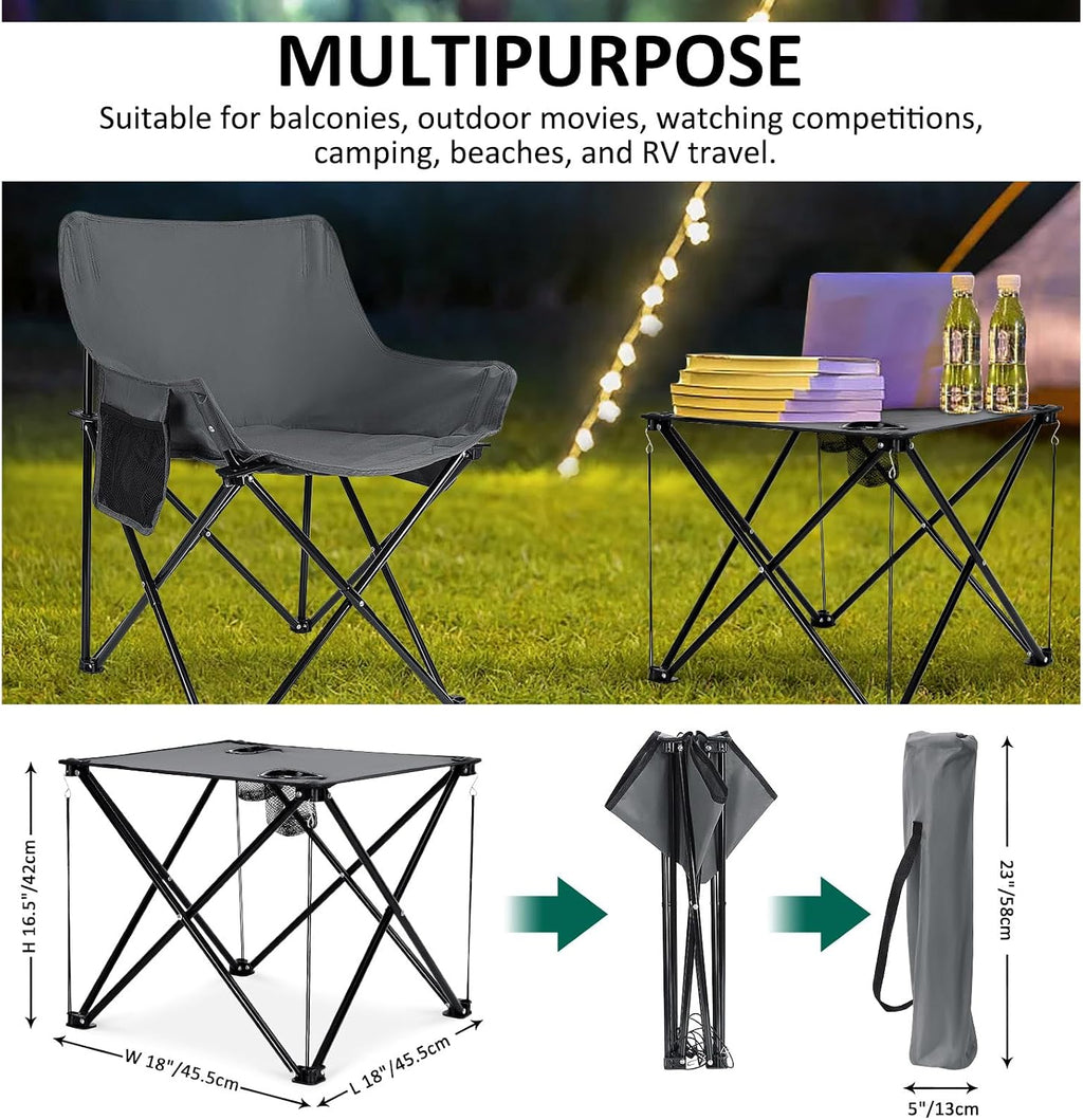 Leonyo Camping Chairs for Adults, 2 Pack Folding Lawn Chair & Table, Grey | Oversized & Portable Beach Chair for Outdoor Sports, Fishing, Rv Travel, Picnic