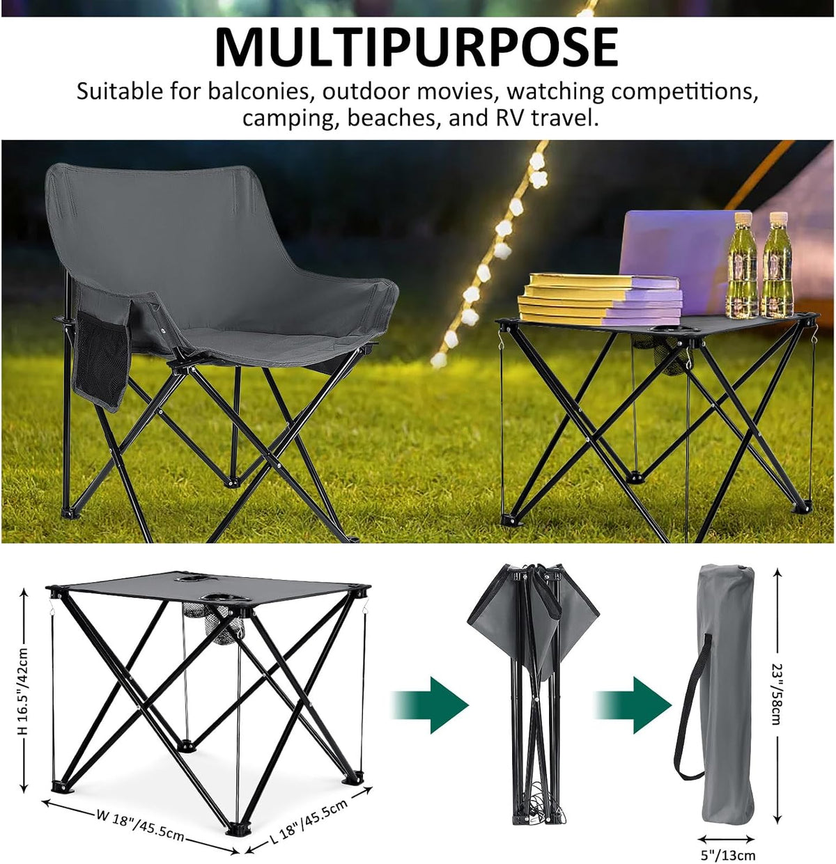 Leonyo Camping Chairs for Adults, 2 Pack Folding Lawn Chair & Table, Grey | Oversized & Portable Beach Chair for Outdoor Sports, Fishing, Rv Travel, Picnic