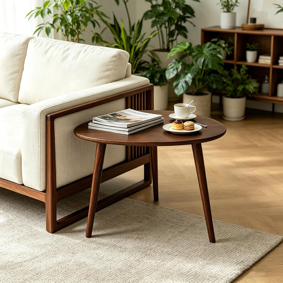 Walnut Oval Side Table, 17.5''D x 25.6''W x 19.7''H, Mid Century Modern Small Coffee Table with 3 Tapered Legs, Solid Oak Wood for Small Spaces, Living Room, Apartments, Easy Assembly