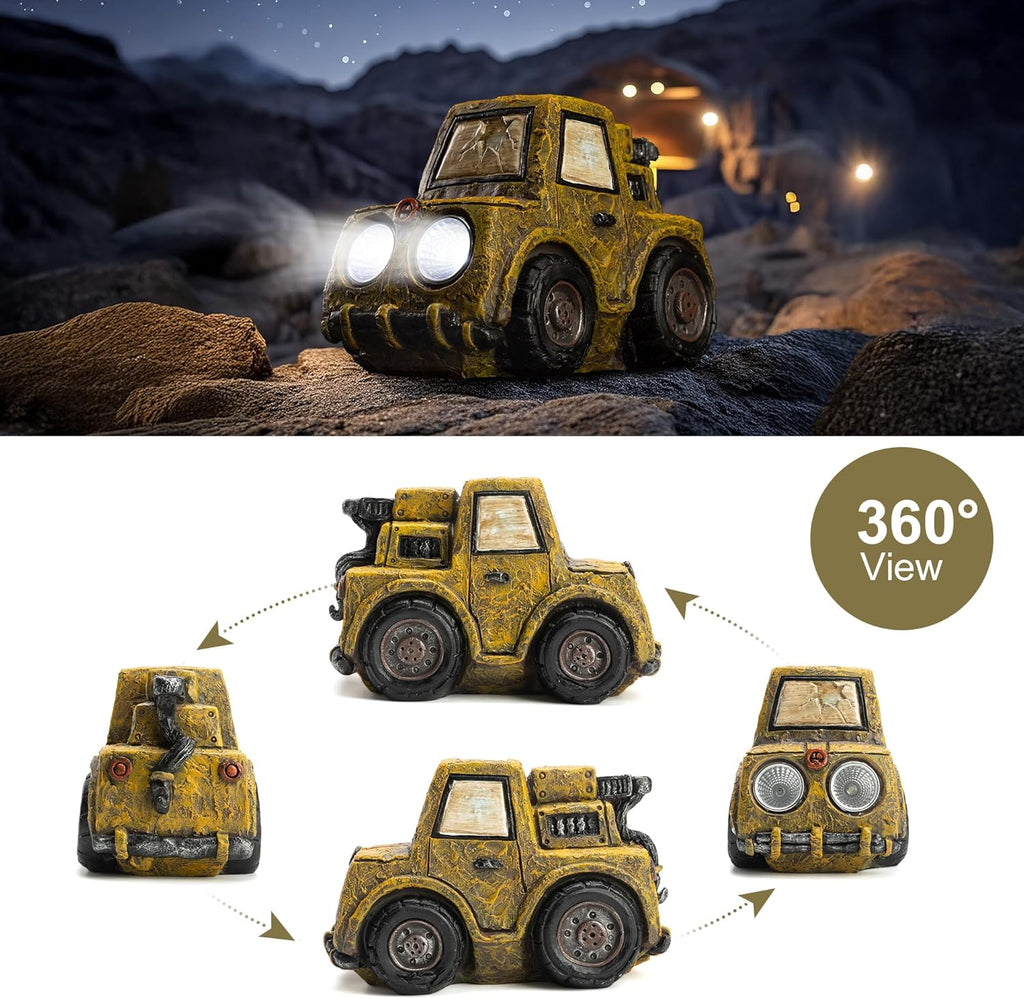 Garden Statue Outdoor Solar Car Decor with LED Light Vintage Resin Sculpture Construction Vehicle Rustic Decoration for Lawn Patio Yard Gifts for Women