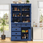 Tall Kitchen Pantry Cabinet with Glass Doors, Display Cabinet Coffee Bar Cabinet with Drawers, Serving Trays and Shelves for Dining Room, Living Room (Blue)