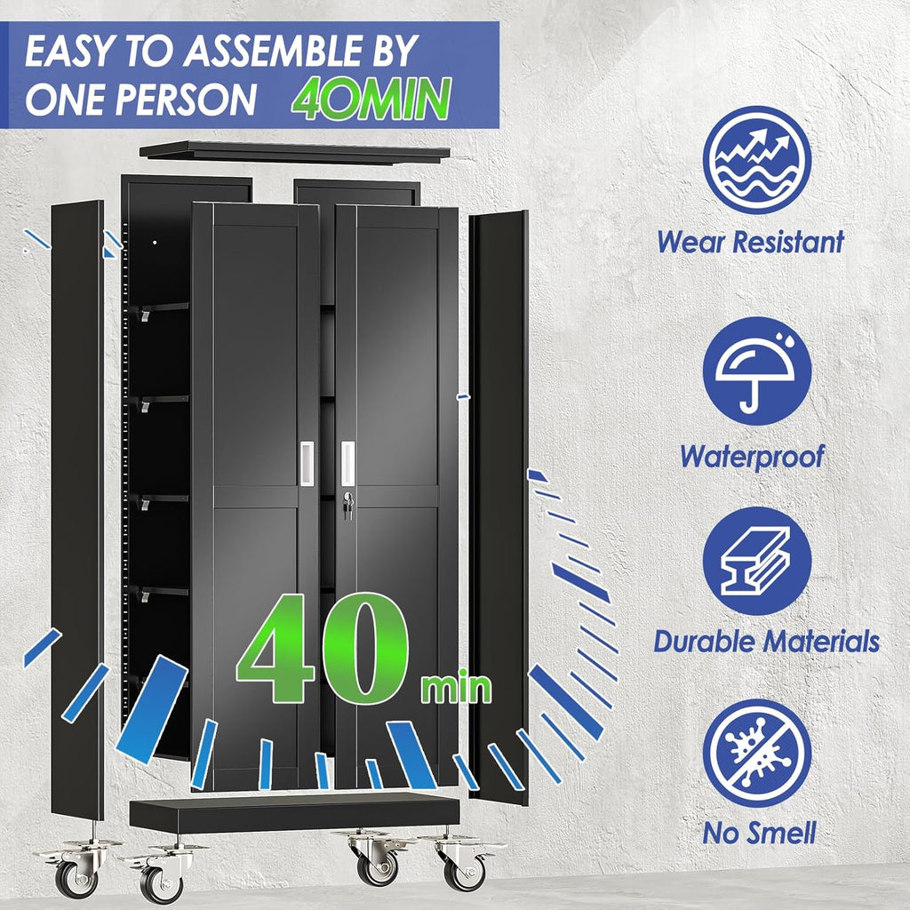 71" Metal Garage Storage Cabinet with Wheels and Locking Doors and Tall Rolling Steel Tool Cabinet with 4 Adjustable Shelves for Garage,Home,Office,Shop (Black, 71''H x 30''W x15''D)