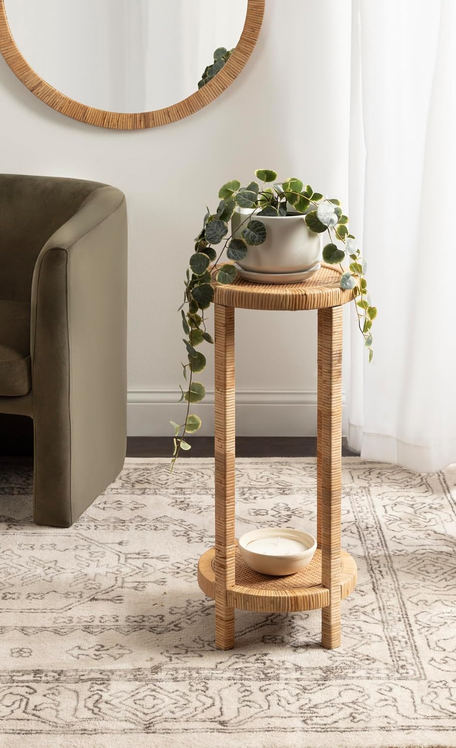 Kate and Laurel Rafina Round Rattan Drink Table, 13 x 13 x 28, Natural Brown, Transitional Boho Circle Wooden Accent Pedestal Table for Indoor Plant Stand or Living Room Decor Accent
