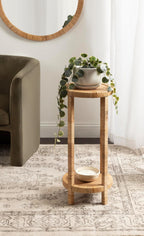Kate and Laurel Rafina Round Rattan Drink Table, 13 x 13 x 28, Natural Brown, Transitional Boho Circle Wooden Accent Pedestal Table for Indoor Plant Stand or Living Room Decor Accent