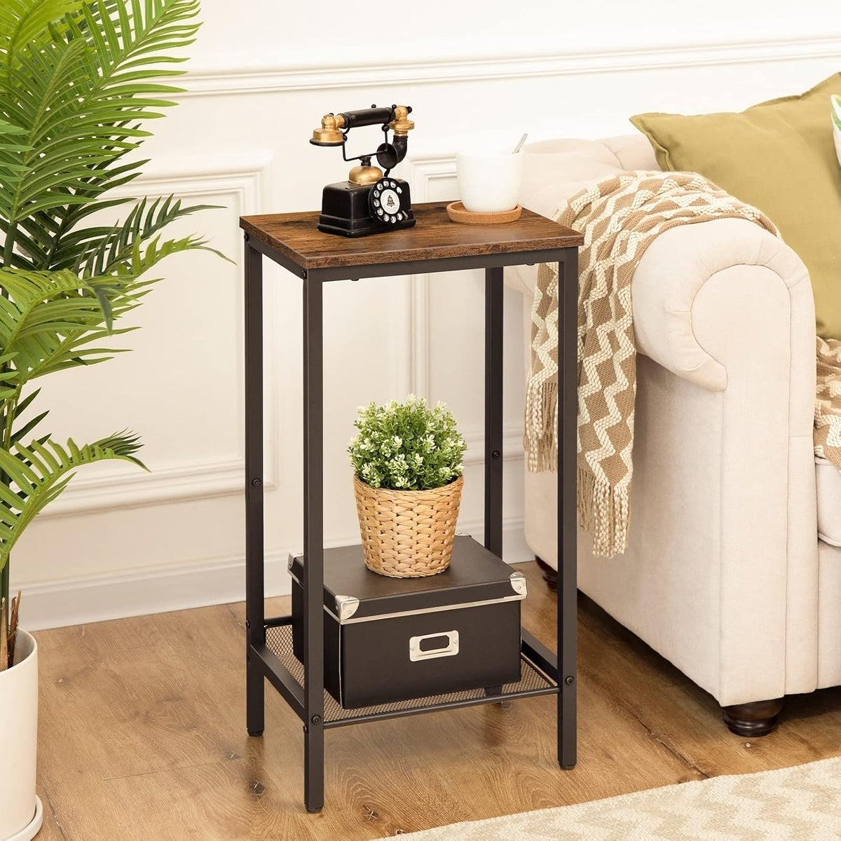 Bedroom Table Telephone Table High Sofa Side Table with Adjustable Mesh Shelf Narrow Bedside Table for Office Hallway Living Room Brown