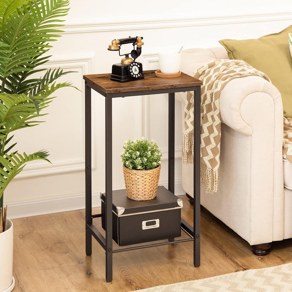Telephone Table High Sofa Side Table with Adjustable Mesh Shelf Narrow Bedside Table for Office Hallway Living Room Brown