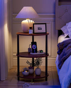 Small Round Side Table - 3-Tier Oval Accent Table for Small Spaces, Rustic Wood and Metal Nightstand for Living Room or Bedroom, with Built-in USB Ports and Power Outlet, Rustic Walnut