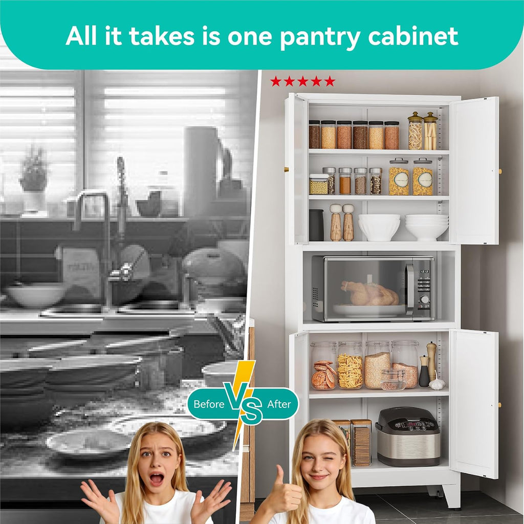 69" H Metal Pantry Cabinet with Open Shelf,13.78“Deep By 28" Wide Storage Cabinet with Doors and Adjustable Shelves,Microwave Stand,for Kitchen Dining Room Bathroom,White 1Pc