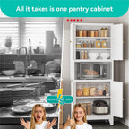 69" H Metal Pantry Cabinet with Open Shelf,13.78“Deep By 28" Wide Storage Cabinet with Doors and Adjustable Shelves,Microwave Stand,for Kitchen Dining Room Bathroom,White 1Pc