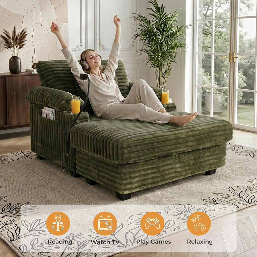 Oversized Chaise Lounge Chair with Adjustable Backrest, Movable Storage Ottoman, Phone Holder, USB Ports, Cup Holder, Reading Lounge Chair for Small Space, Green