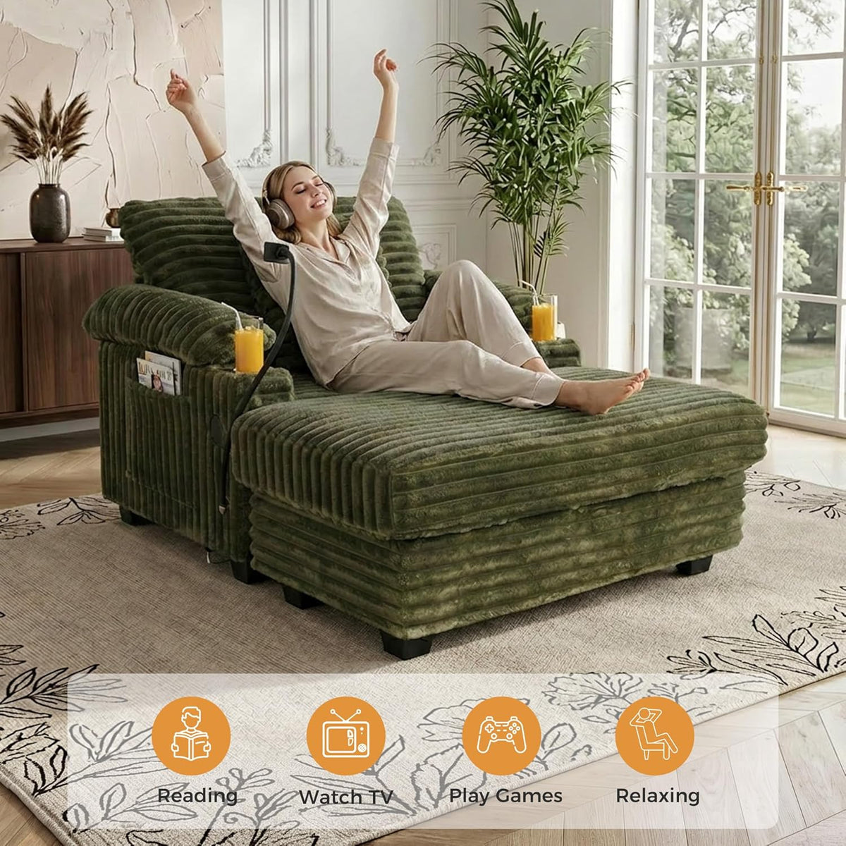 Oversized Chaise Lounge Chair with Adjustable Backrest, Movable Storage Ottoman, Phone Holder, USB Ports, Cup Holder, Reading Lounge Chair for Small Space, Green