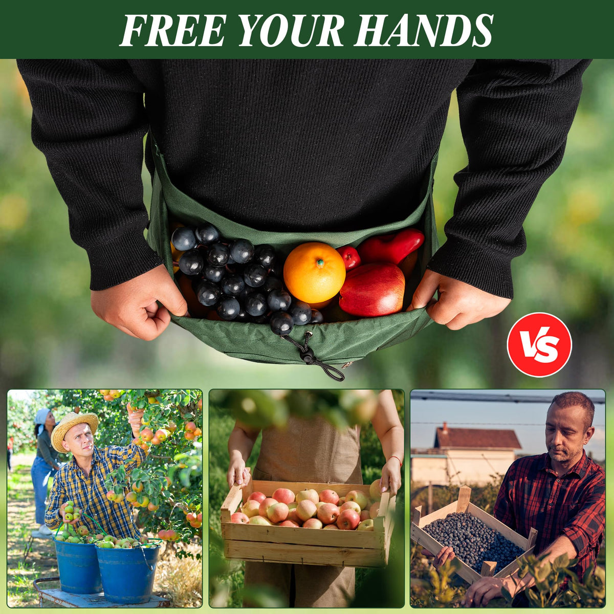 Gardening Apron, Garden Aprons with Pockets & Drawstring Bag, Waterproof 600D Fruit Storage Harvest Picking Apron Pouch for Women & Men