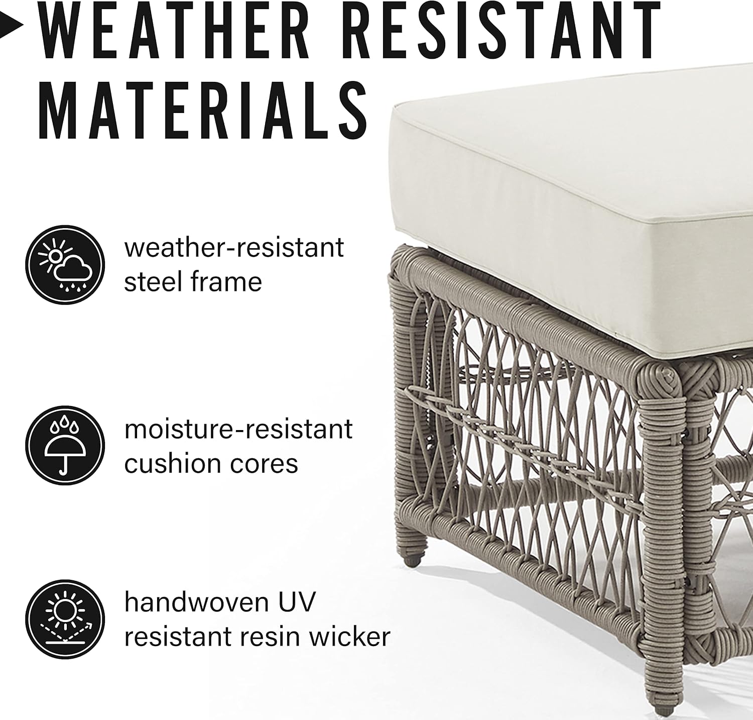 Crosley Furniture Thatcher Wicker Coffee Table and Ottoman Foot Rest for Porch, Deck, Backyard, Driftwood with Creme Cushions