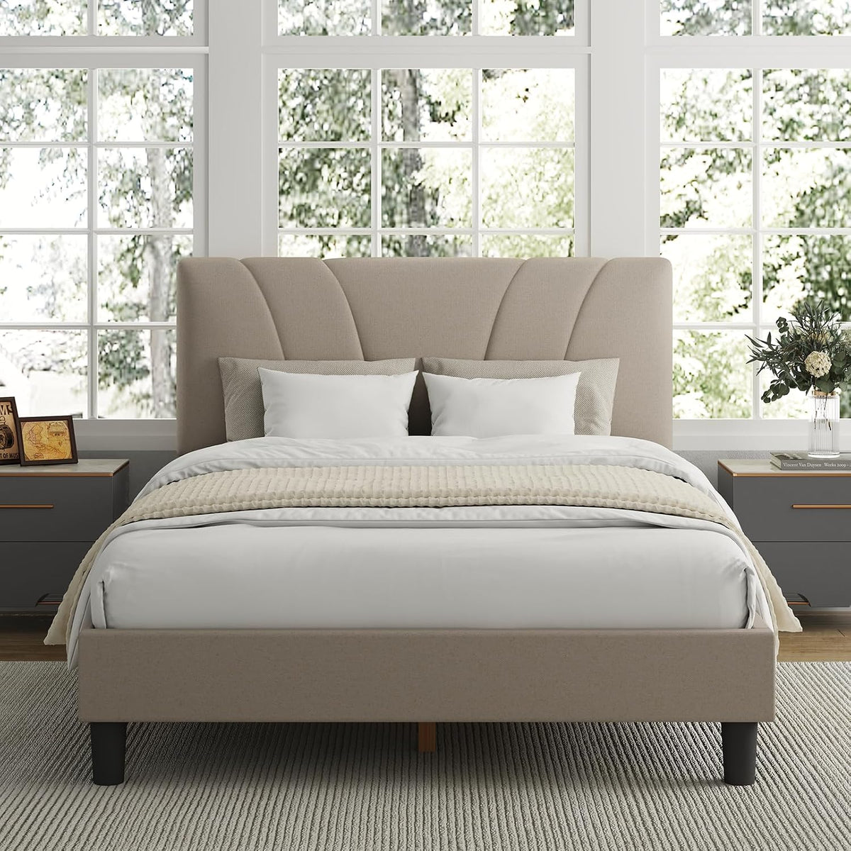Avenco King Bed Frame, Upholstered Platform Bed Frame with Adjustable Headboard, Wood Slat Support, Easy Assembly, No Box Spring Needed, Beige