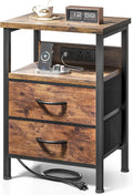 Lazzanto Night Stand with Charger Station for Bedroom, Brown Nightstand | Bedside Table, Open Shelf, 2 Fabric Drawers, Built in USB-A, USB-C Port & AC Outlets, For Dorm, Living Room, Bedroom