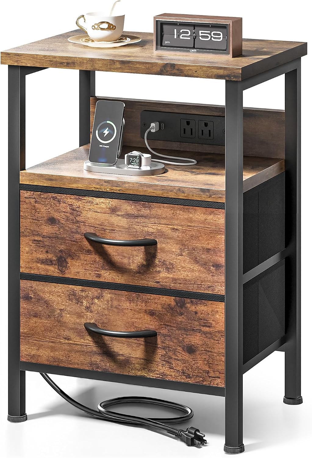Lazzanto Night Stand with Charger Station for Bedroom, Brown Nightstand | Bedside Table, Open Shelf, 2 Fabric Drawers, Built in USB-A, USB-C Port & AC Outlets, For Dorm, Living Room, Bedroom