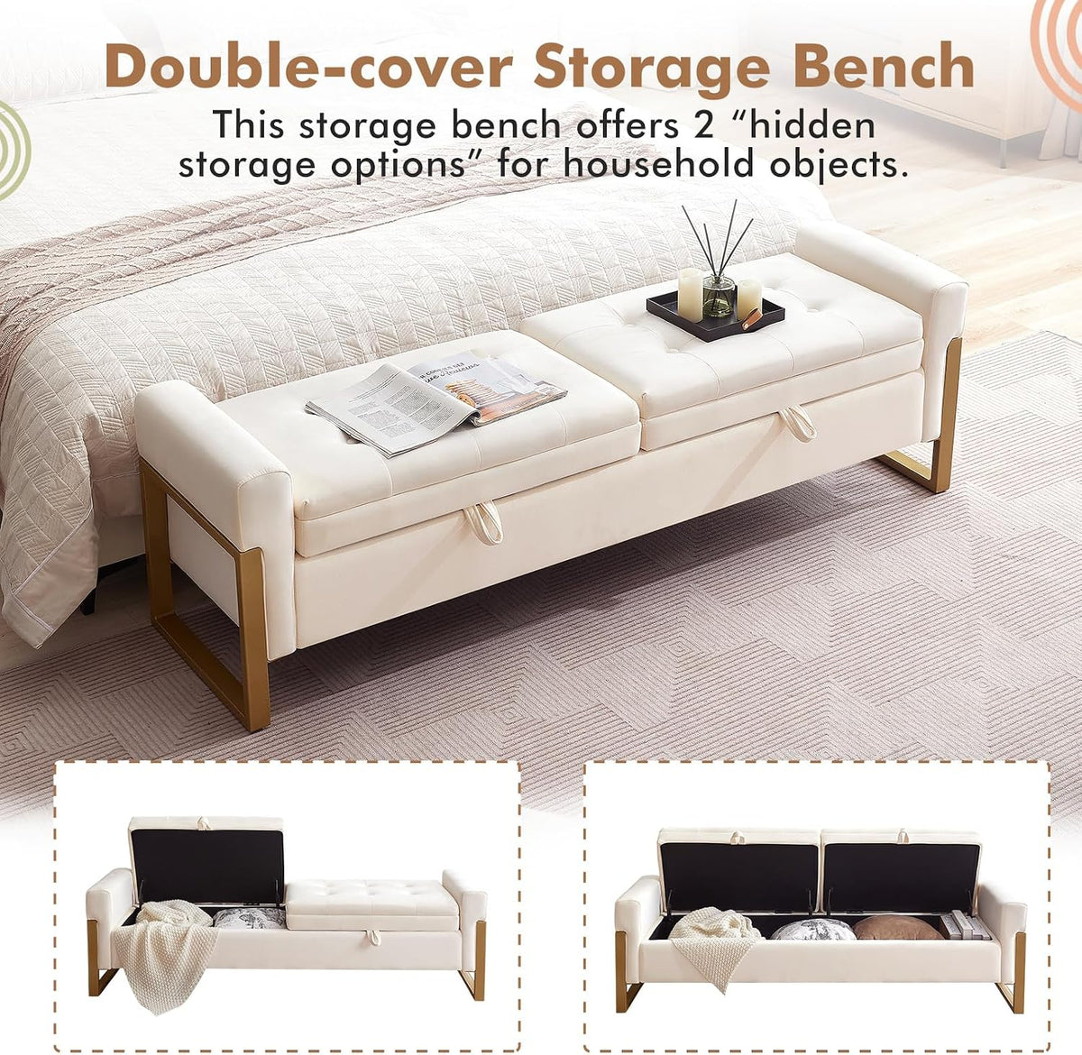 67" Storage Bench for Bedroom, End of Bed Bench King Size, Cream | Double Lids Storage Ottoman Bench with Golden Legs, Upholstered Velvet Bench for Foot of Bed Window Living Room Entryway